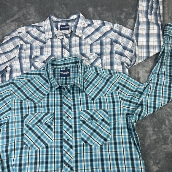 Wrangler Other - Wrangler Western Shirt Men XL Plaid Long Sleeve Cowboy Pearl Snap Farm Lot of 2